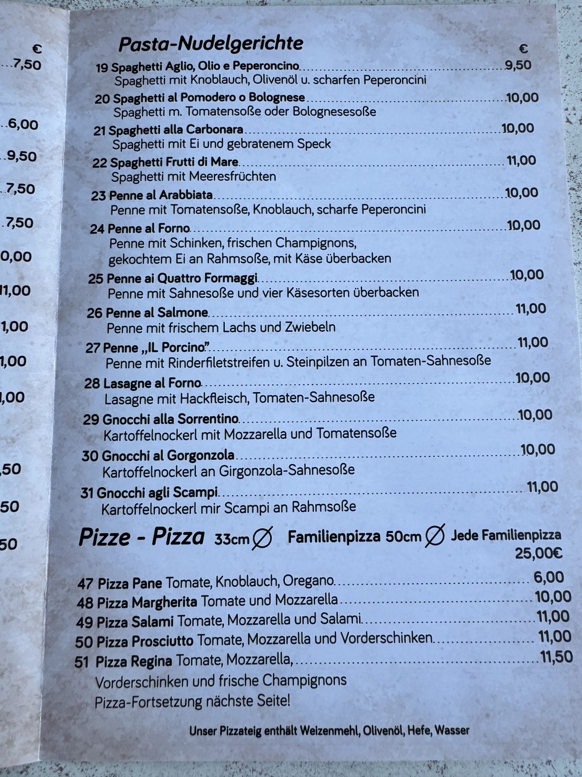 To-Go-Karte mit Pasta und Pizza